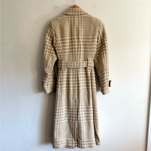 Vintage J. Crew Houndstooth long Wool Coat Tan Cream Size 4 P Checkered belted - Picture 12 of 16